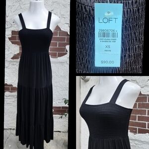 $90 XS Petite LOFT black stretch knit sleeveless strap long maxi tiered dress